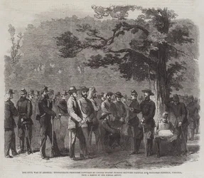 Der Bürgerkrieg in Amerika, konföderierte Gefangene, gefangen von US-Pickets zwischen Fairfax und Manassas Junction, Virginia